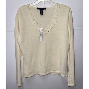 Jones Wear Sweater XL Cream Embroidered V-Neck Floral Sequin Wool Mix Minimalist